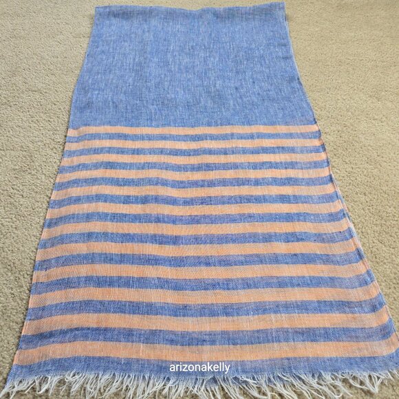 Puro Lino Linen Scarf Blue and Peach Stripe - Picture 1 of 8